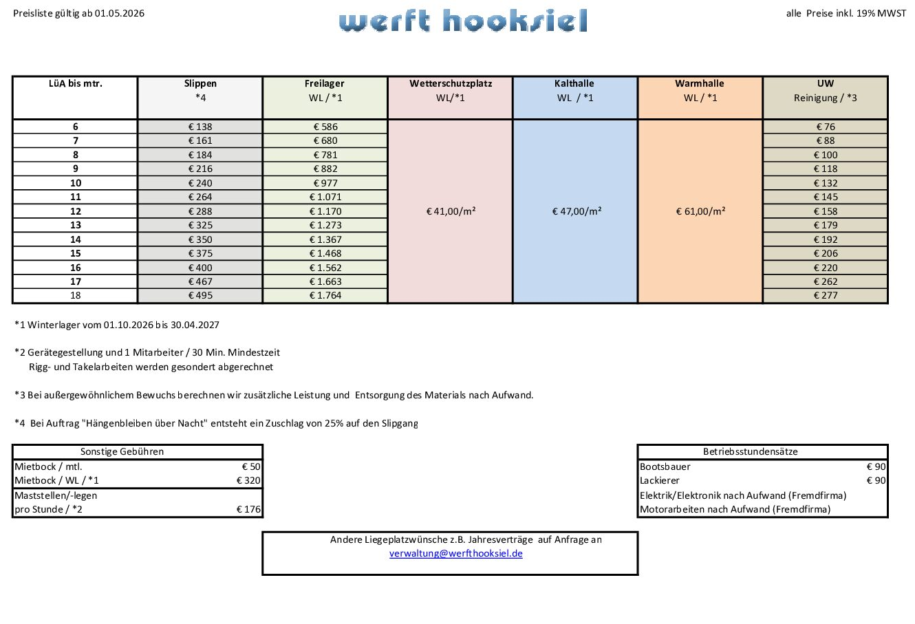 Preisliste 2026 2027 Werft Hooksiel Nordsee