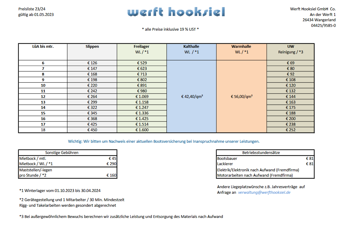 Preisliste Werft Hooksiel 2023 2024