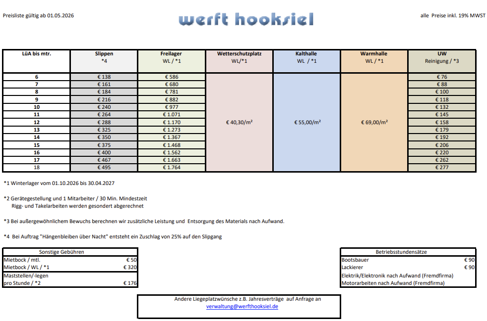 Preisliste Werft Hooksiel 2026